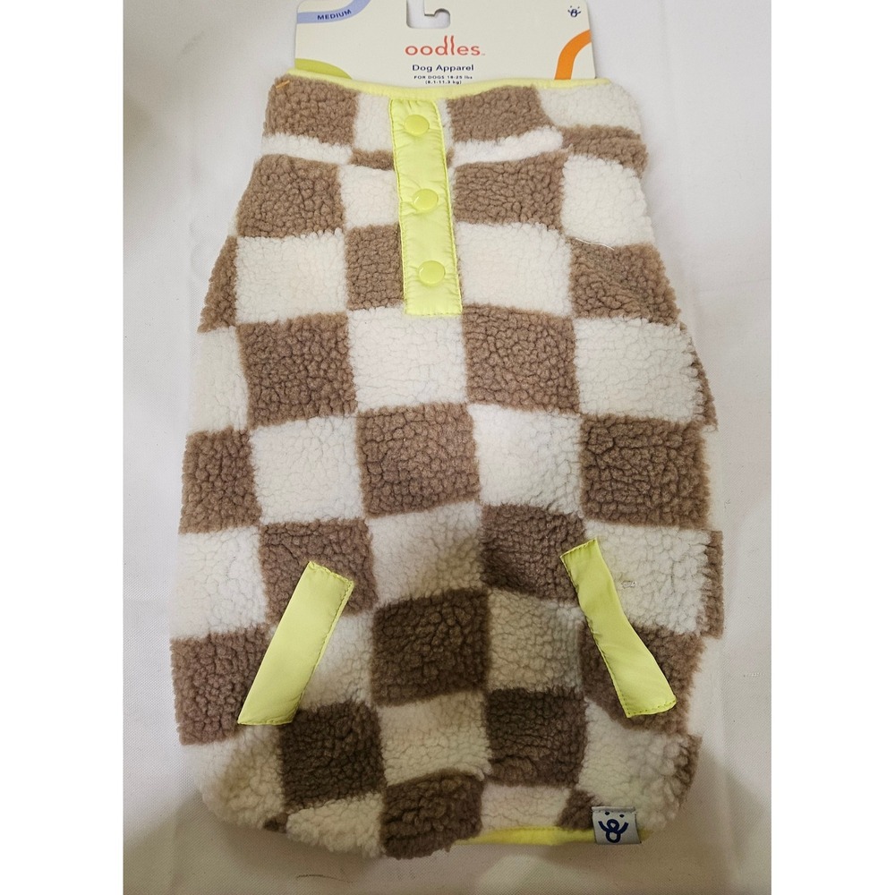 Oodles Dog Apparel Sherpa Fleece Vest Medium Tan Cream Checkered Neon Yellow NEW